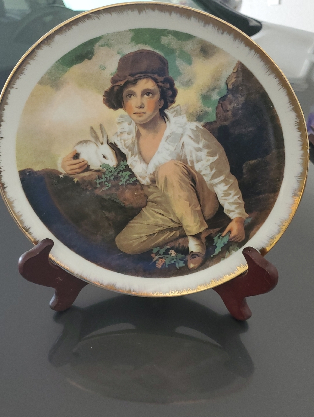 Vintage Decorative Plate with White, Brown, Green, Gold Trim Boy & Bunny Japan